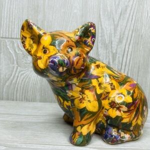 Vintage decoupage quilted pig figurine, piglet statue decoration floral design